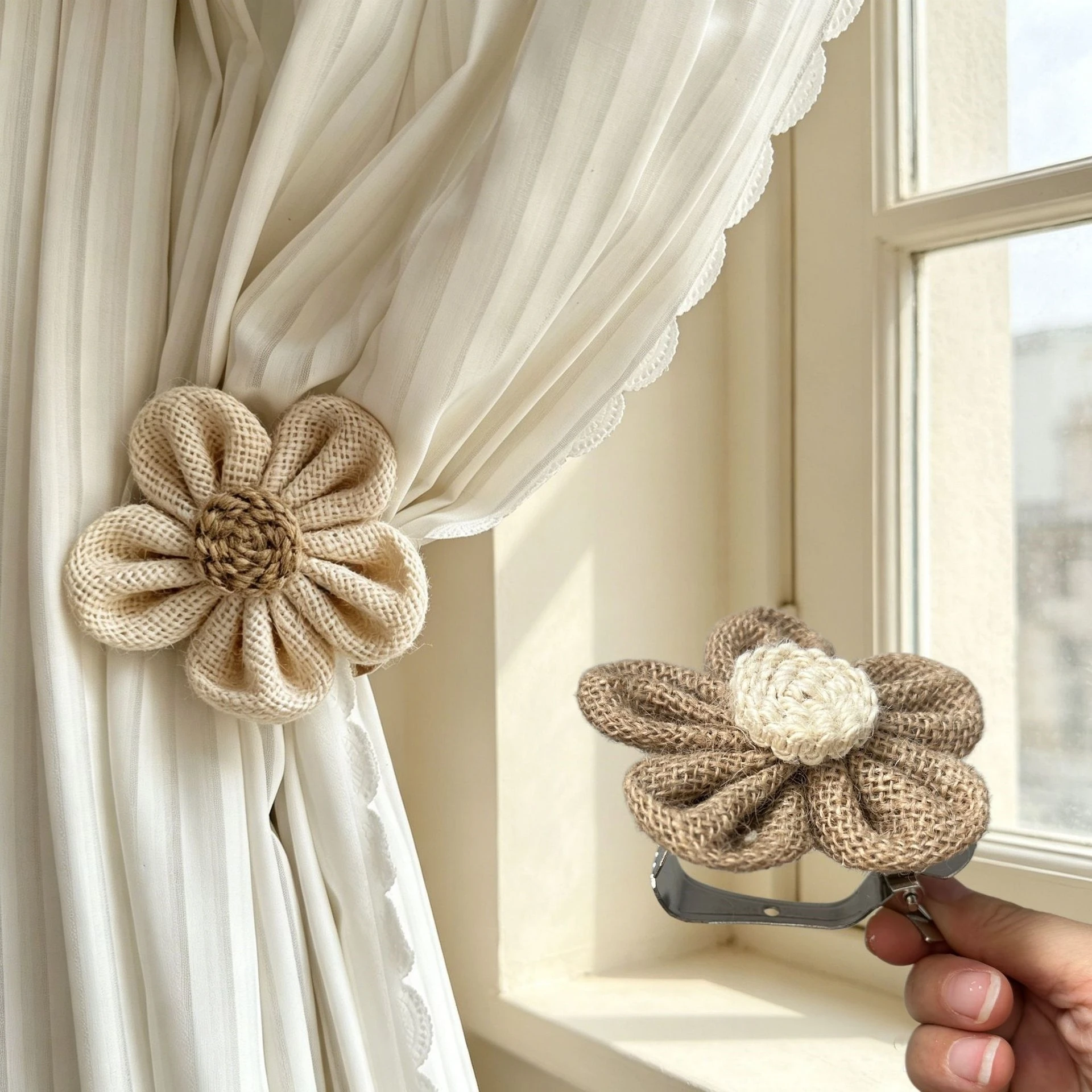 1PC Vintage Rustic Burlap Floral Curtain Fastener Clips, Crochet Flower Curtain Tie Backs for Bedroom Sheer Window Decor