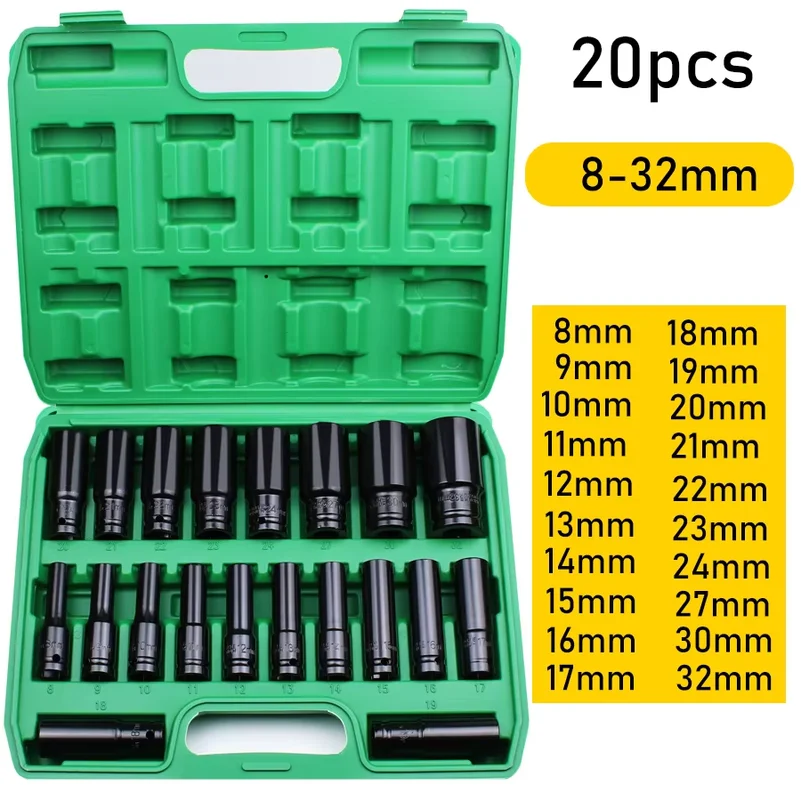 1/2Inch Drive 6-Point Impact Socket Set 10-20 Pcs/Set Metric Sizes Carbon Steel Impact Socket Set with Hard Storage Box
