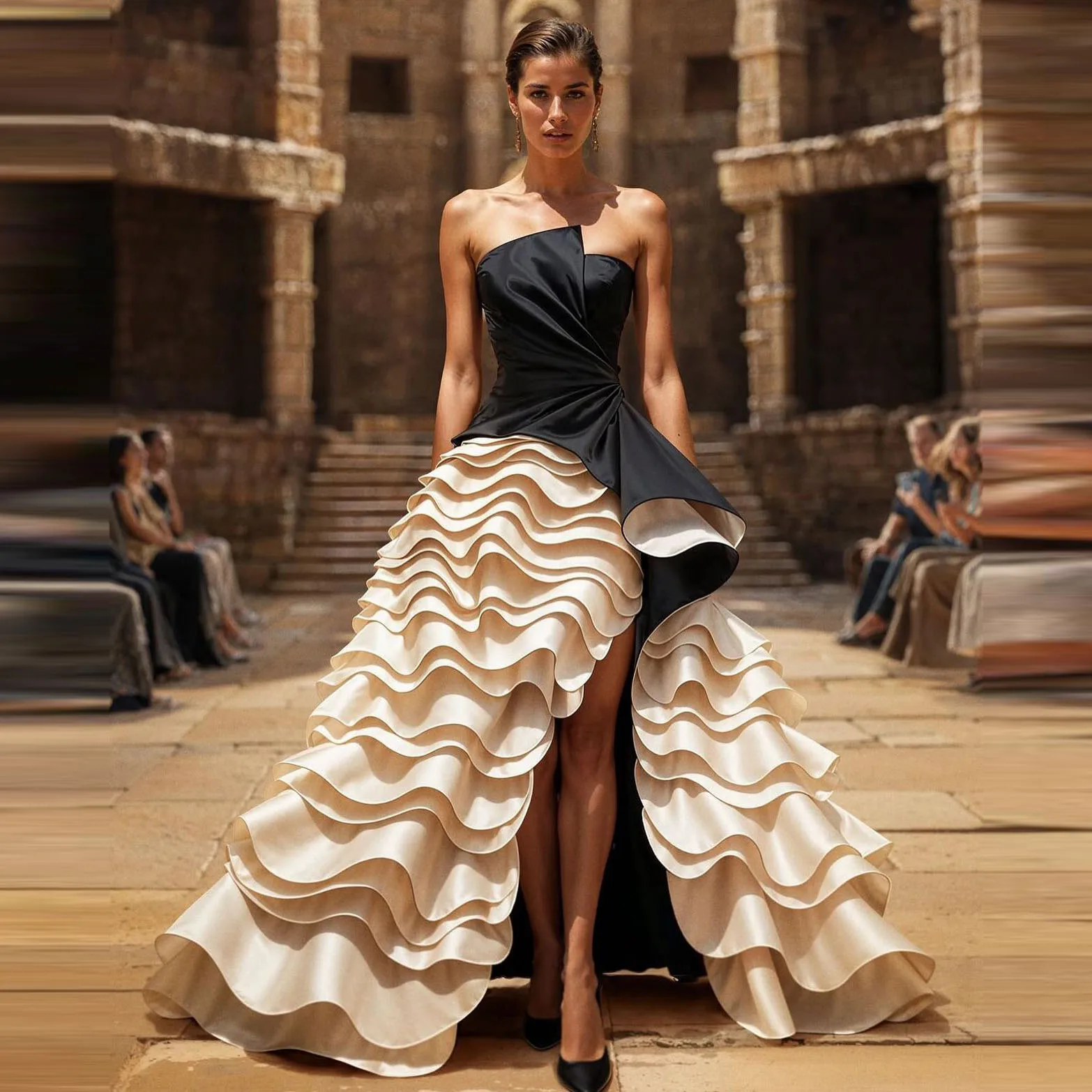 

Женская атласная макси-юбка с высокой талией, асимметричные волнистые складки, разрез спереди в пол, цвет слоновой кости кремового цвета, вечерняя вечеринка, плиссированная формальная