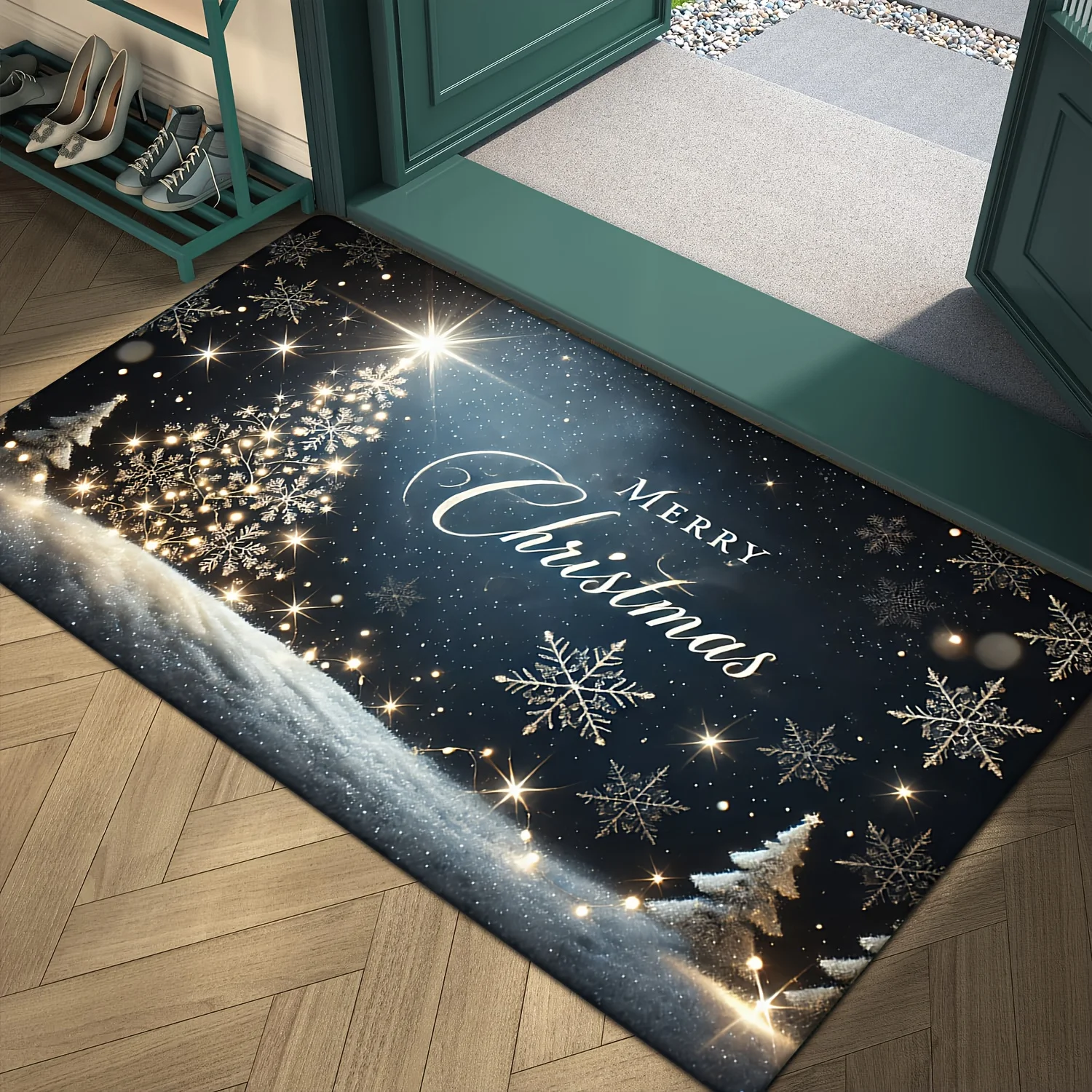 Christmas Tree Snowy Night View Bathroom Non-silp Doormat Suitable for Living Room Home Holiday Warm Decorations and Accessories