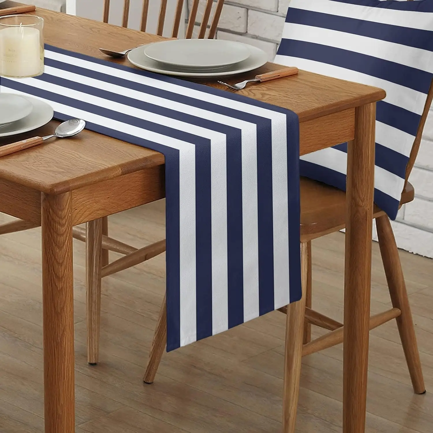 Navy Blue White Stripe Linen Table Runner Kitchen Dining Table Decor Reusable Farmhouse Table Runners Holiday Wedding Decoration