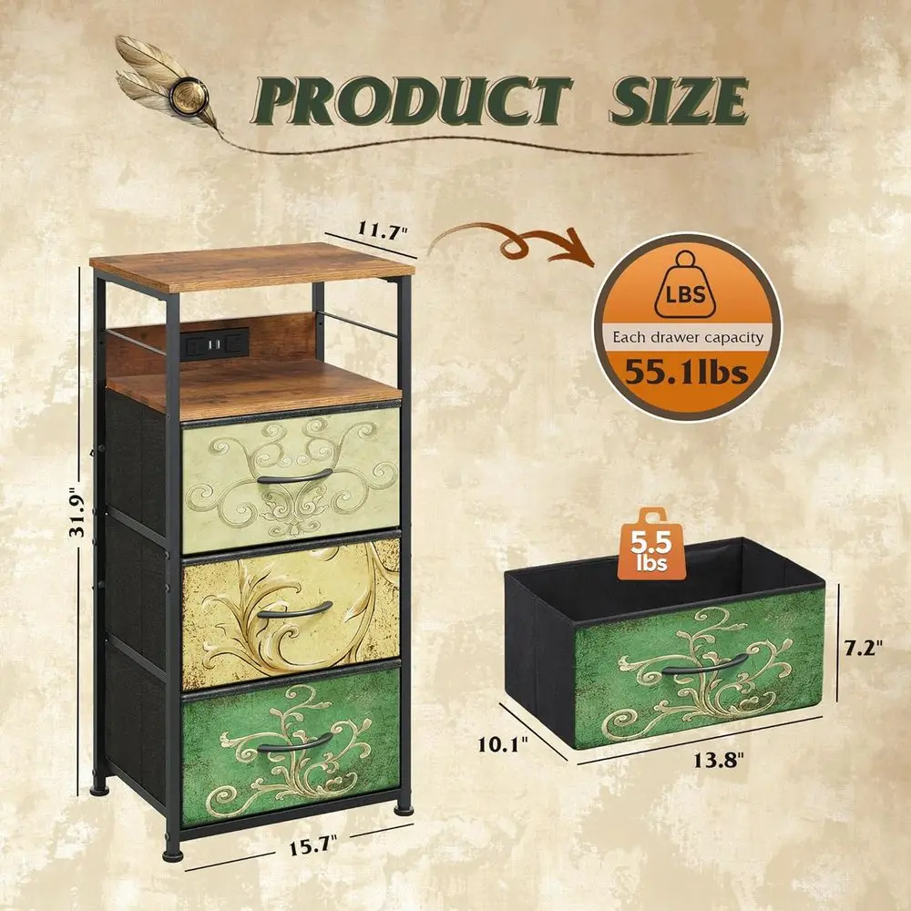 Komoda oszczędzająca miejsce z szufladami z tkaniny, ładowaniem USB i gniazdami - Stolik nocny z motywem kwiatowym