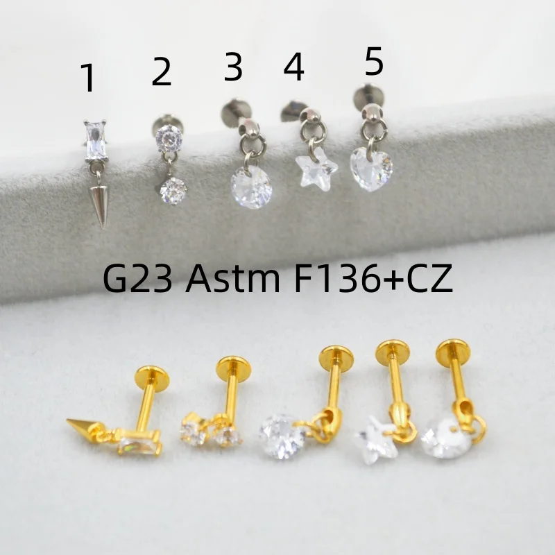 10pcs 16G G23 Titanium Round Star Heart CZ  Internal Thread Lip Labret Bar Ear Helix Tragus Rook Bar Body Piercing Jewelry