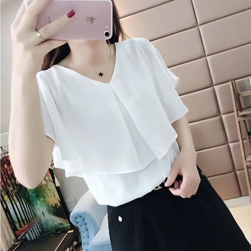 Women Casual V-neck Batwing Sleeve Solid Color Thin Chiffon Shirt 2022 Summer All-match Basics Pullovers Loose Oversize Blouse