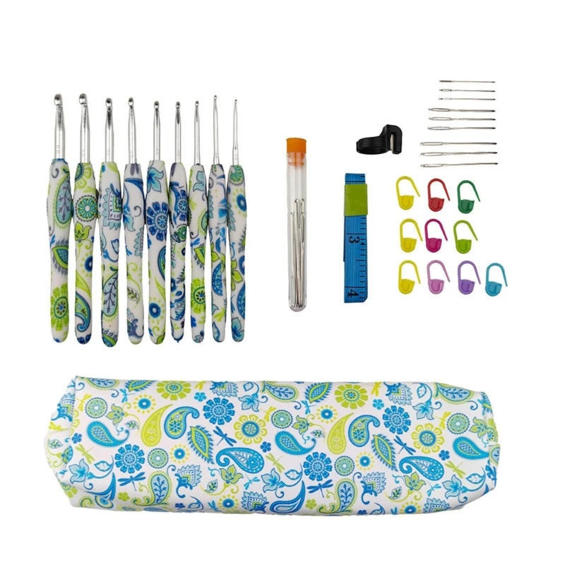 Crochet Hook Set with Stitching Marker Knitting Needle Soft Tape Measure and Bag