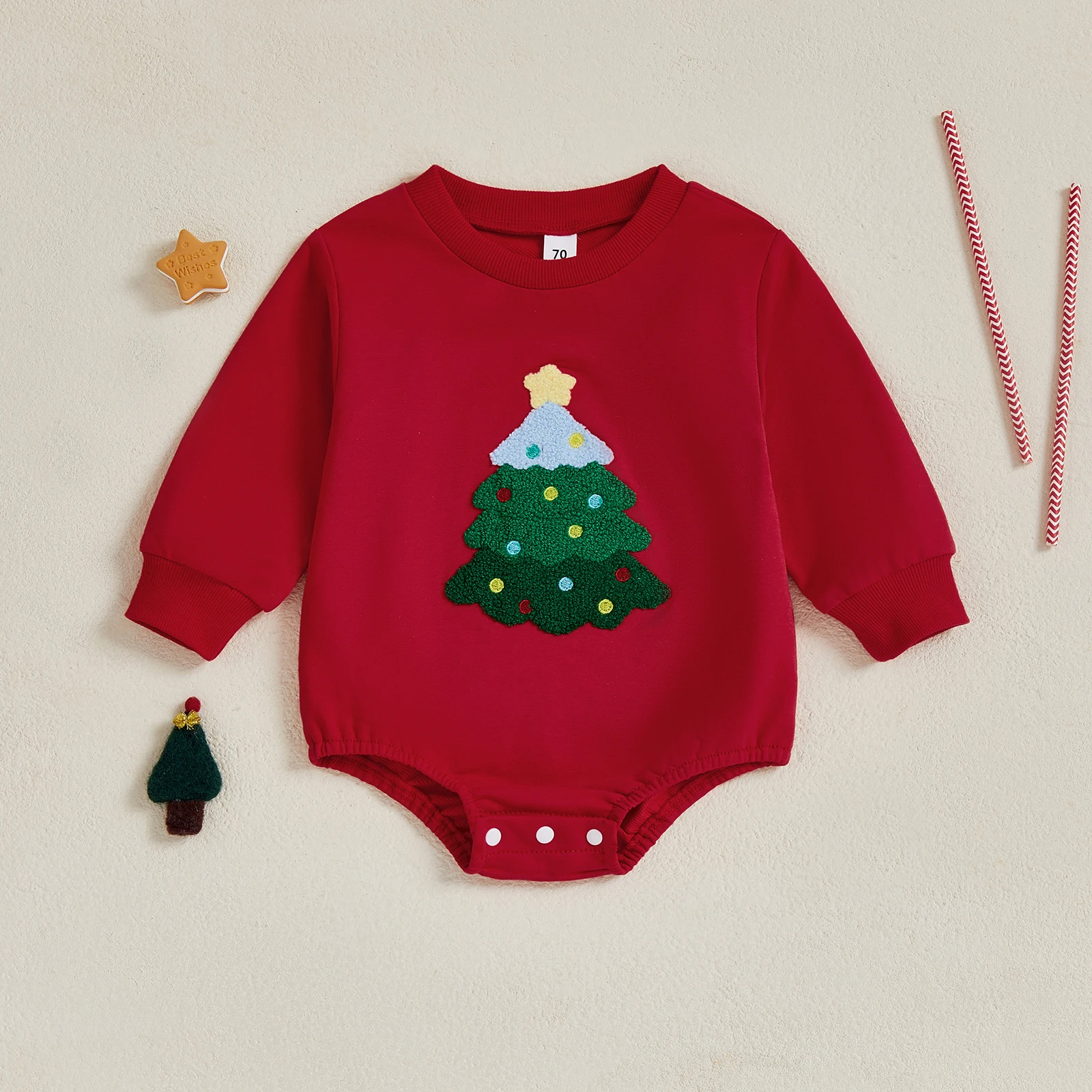 

0-18 Months Baby Christmas Sweatshirt Romper Tree Embroidery Long Sleeve Round Neck Bubble Jumpsuit