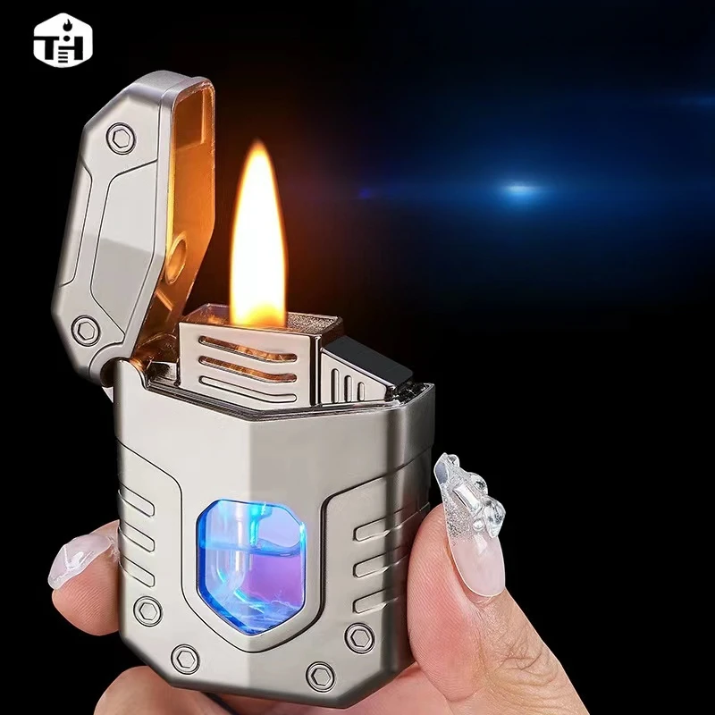 Metal Mech Voice Controlled Kerosene Lighter Four Ignition Methods Transparent LED Blue Light Oil Window Type-C Charging Lighter