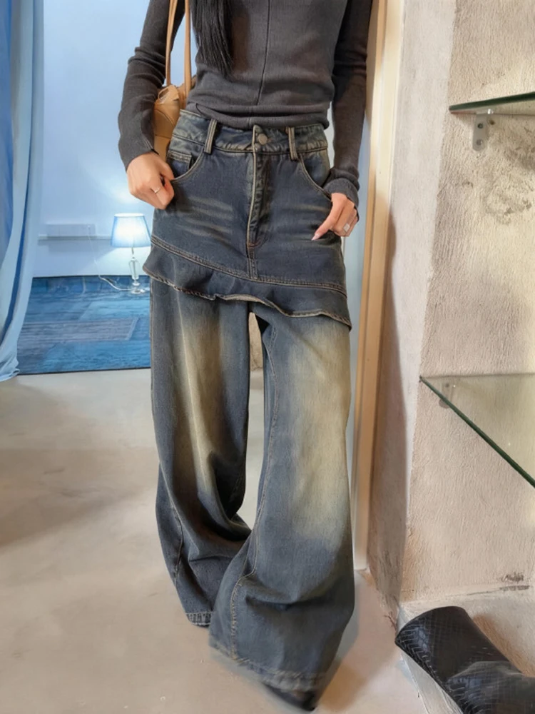 Vintage fart curtain denim skirt pants women 2025 new winter loose design good-looking high waisted wide leg pants