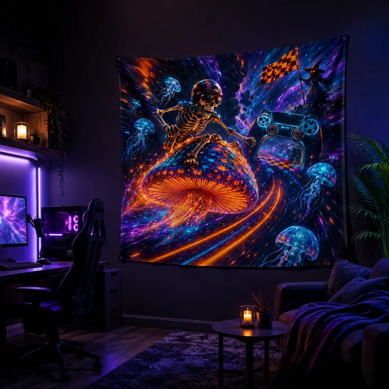 VIKAMA Skull Helmet Riding a Mushroom Tapestry, Neon Jellyfish Game Controller Wall Hanging, Cyber-Psychedelic Cool Home Decor