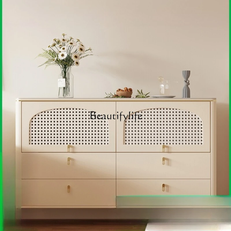6Modern Simple Bedroom Locker Living Room Solid Wood Rattan Drawer Cabinet Cream