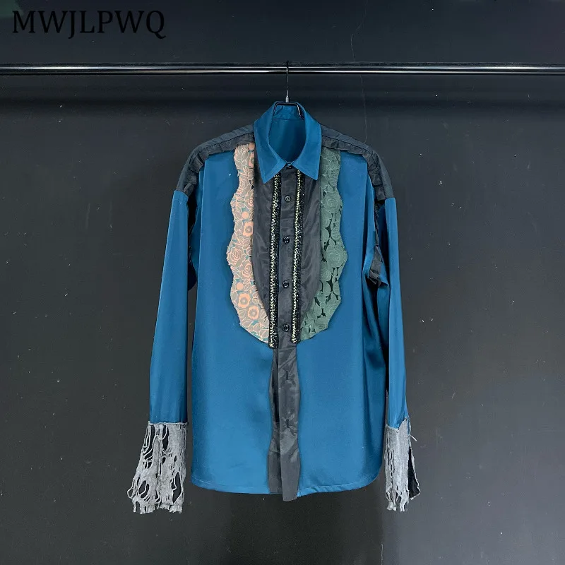 

MWJLPWQ Color Spliced Niched Design Shirt Male 2025 New Lapel Hole Long Sleeve Trendy Street Loose Casual Tops Autumn 11381