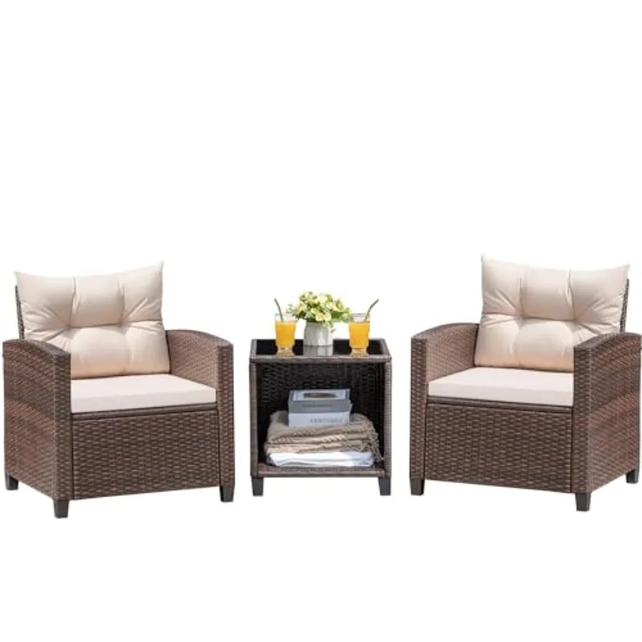 Outdoor patio furniture set: 3-piece wicker chairs and table in beige, made of upgraded PE rattan, sturdy for porch, garden, po