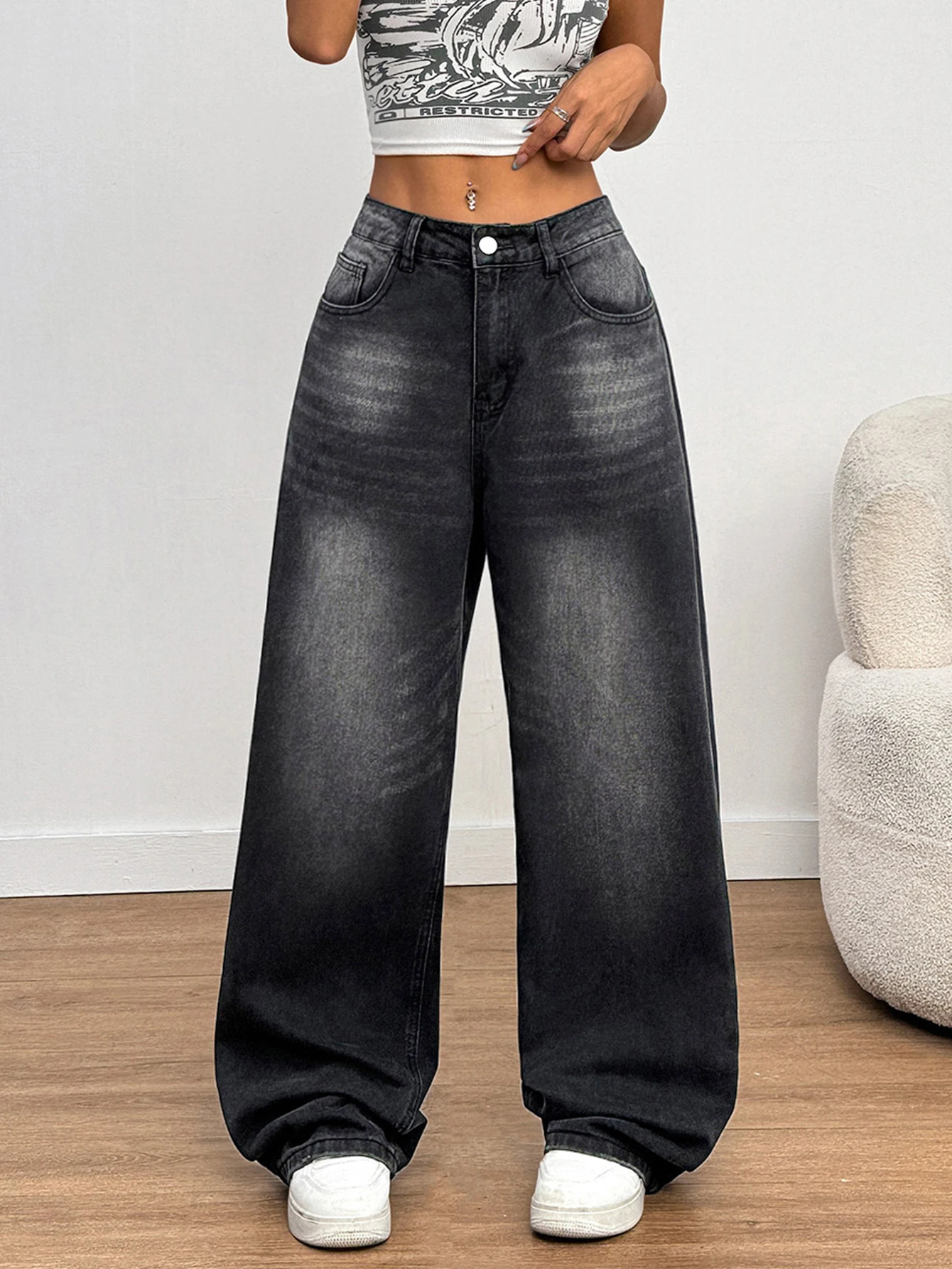European and American spicy girl wide leg denim pants solid color gradient high waist black gray gradient single button jeans