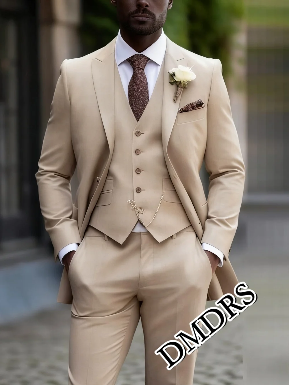 Classic Champagne Men's Suit Set 3PCS For Wedding Formal Slim-Fit Business Men's Suit Set Exquisite Office Men's Suit Set