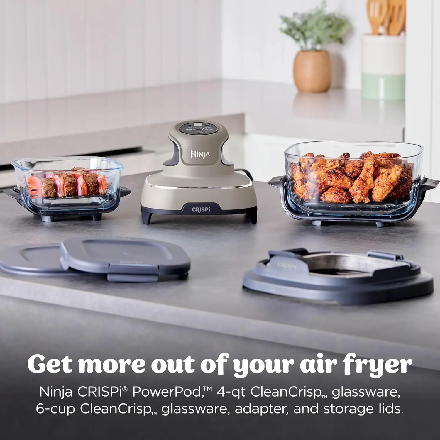 Ninja Crispi 4 in 1 Glass Air Fryer, 450°F, Non Toxic, 4QT and 6 Cup Containers with Lids, Dishwasher Safe, Stone, 1 Count, FN10