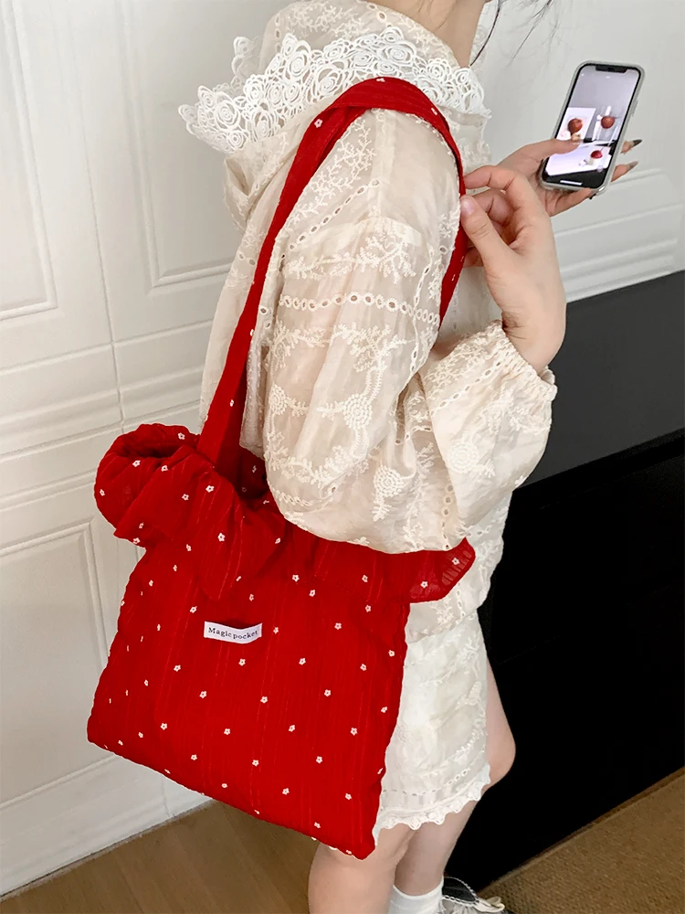 

Korean Sle Lazy Red Polka Dot Chiffon Tote Bag Women's Summer Single oulder Canvas Bag Sweet Large Capaci Tote Bag