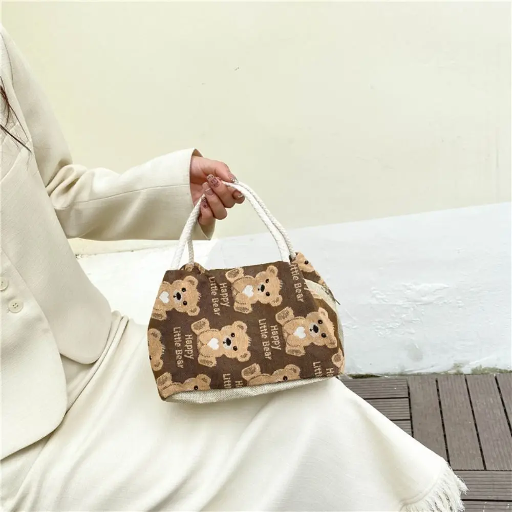 

Sweet Cartoon Pattern Cartoon Bear Bag Large Capacity Handbag Flax Handheld Bag Korean Style Tote Bag Lunch Bag Outdoor