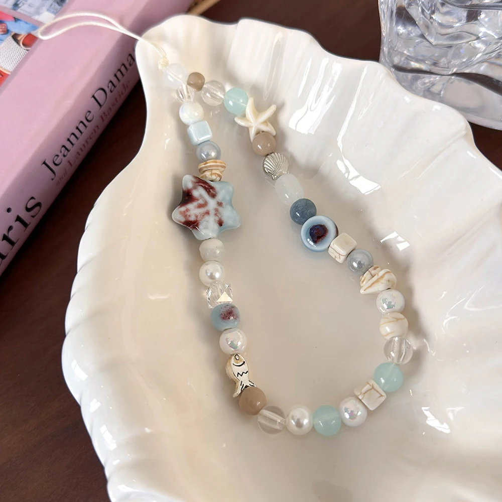3D น่ารักเกาหลีปลาดาวสีฟ้าลูกปัด Charm Lanyard สําหรับ iPhone Samsung CCD Universal อุปกรณ์เสริมเครื่องประดับจี้