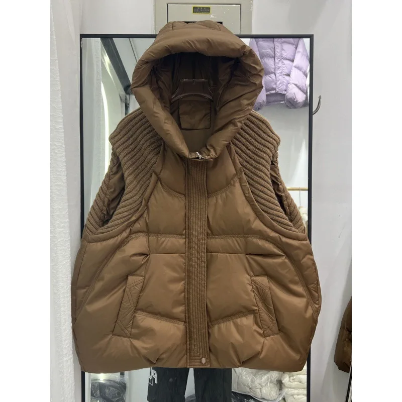 

Women's Autumn Winter New Down Jacket Vest Short Hooded Thicken Knitted Wool White Duck Down Waistcoat Outerwear Sleeveless Top