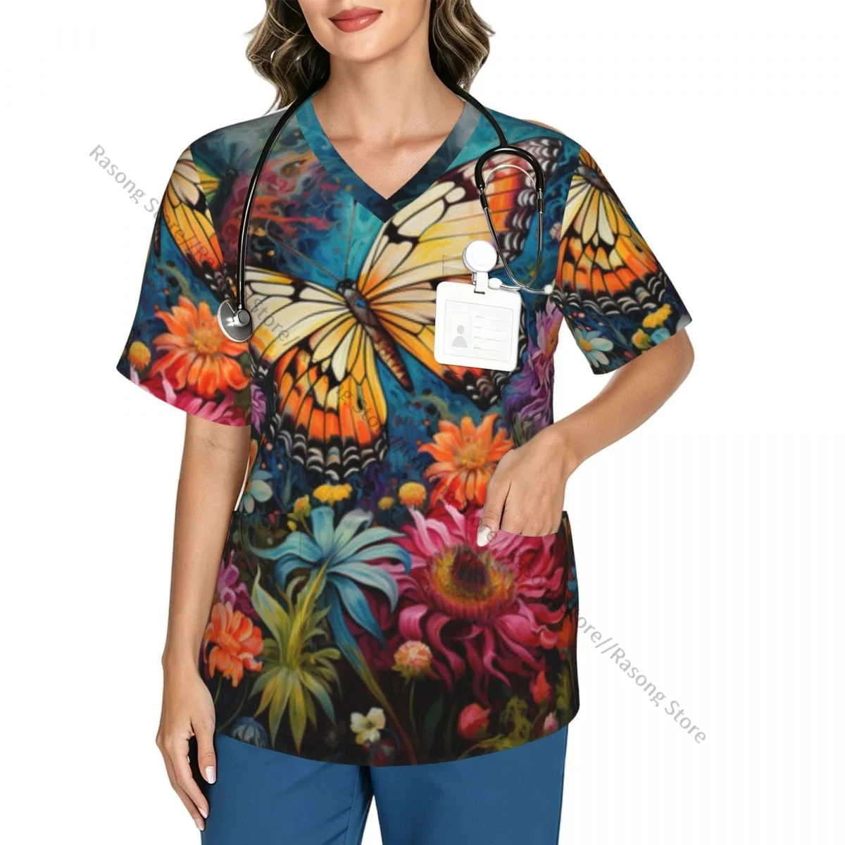 Women's Medical Scrub Top V Neck Short Sleeve Butterfly Colorful Flowers Painting Stretch Nursing Uniform for Hospital Clinic