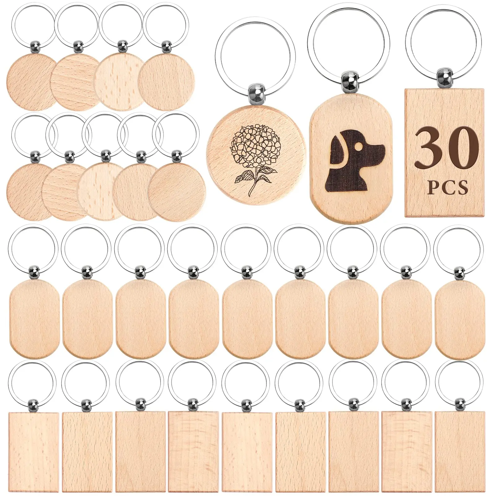 30Pcs/Set Wood Keychain Blanks 3 Shapes Unfinished Wood Keychains For DIY Crafts Gift Various Keychains Key Tags