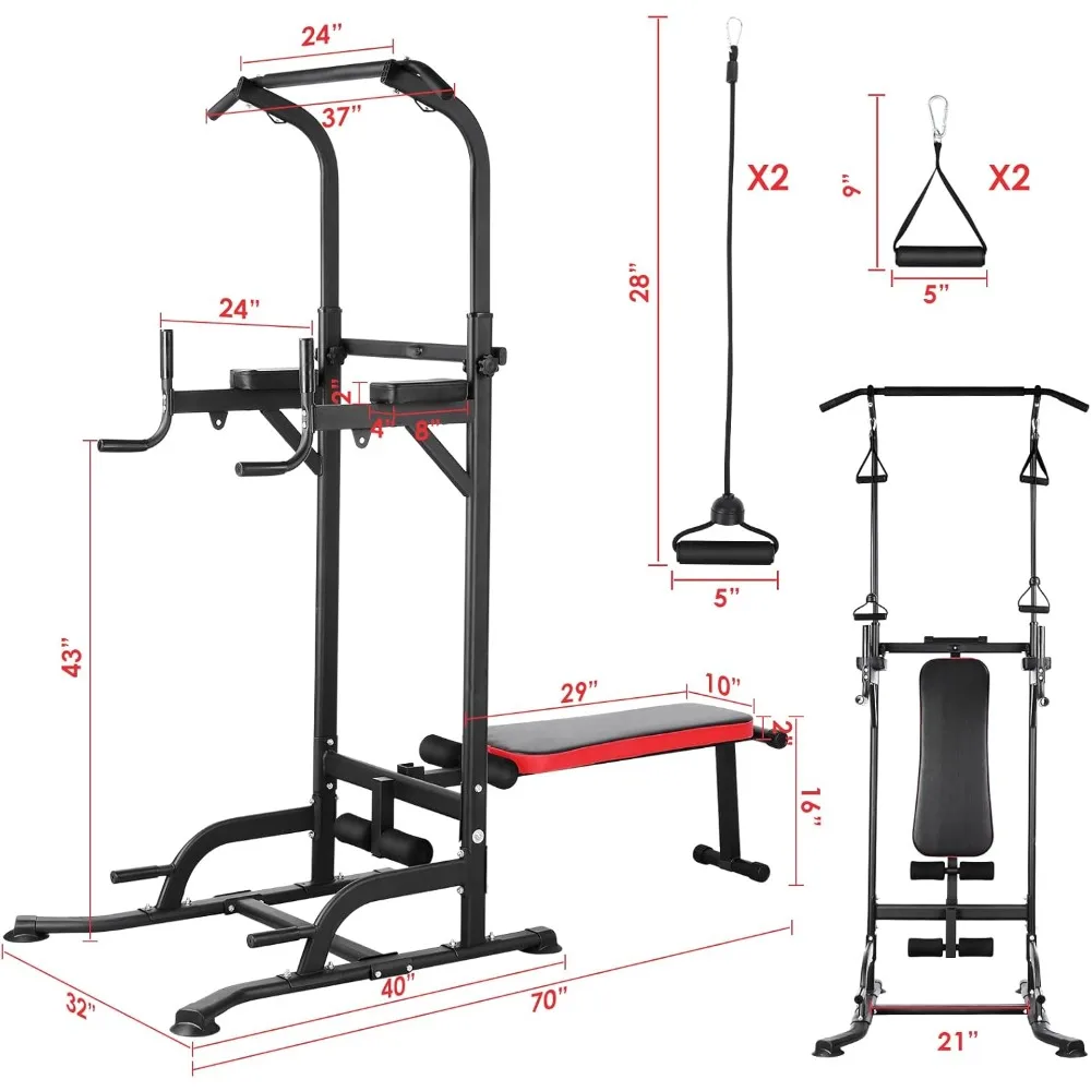 Power Tower mit Bank, Klimmzugstangenständer, Dip-Stange mit klappbarer Bank, 4-Seil-Krafttraining, multifunktional – HOME