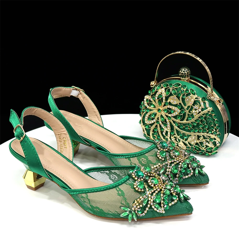 Green Women Shoes And Bag Set Fashion African Ladies Pumps Match With Handbag Sandals Purse Clutch Party Femme Sandales CR877