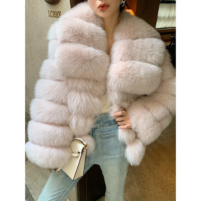 

High-quality Finland imported fashion catwalk whole fur fox fur lapel short women's young new coat