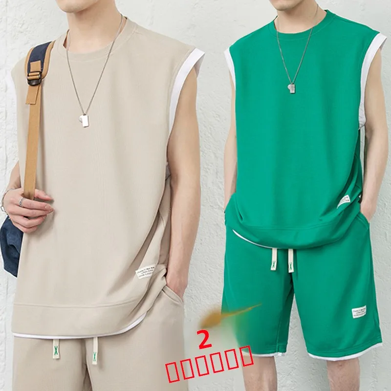 

Летний комплект для фитнеса и баскетбола: майка и шорты для мужчин, молодежный стиль, из полиэфирного волокна, длина до колена.