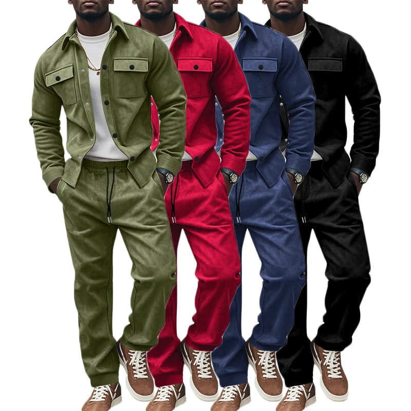 

New Autumn Suede Sets Mens Cardigan Jacket Casual Pants Outdoor Lightweight Windproof Suit Trendy Solid Color Streetwear Suit