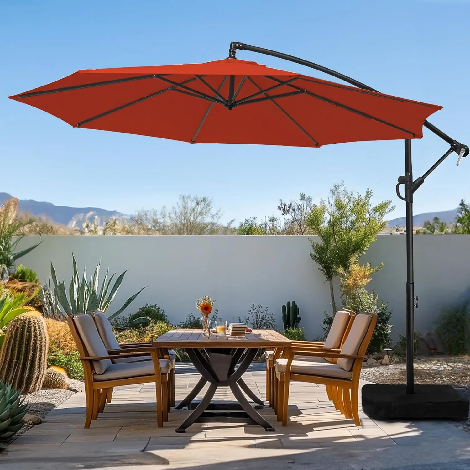 10ft Patio Offset Cantilever Umbrella with Sandbag Base, Easy Tilt & Crank for Backyard Garden Pool, Customized
