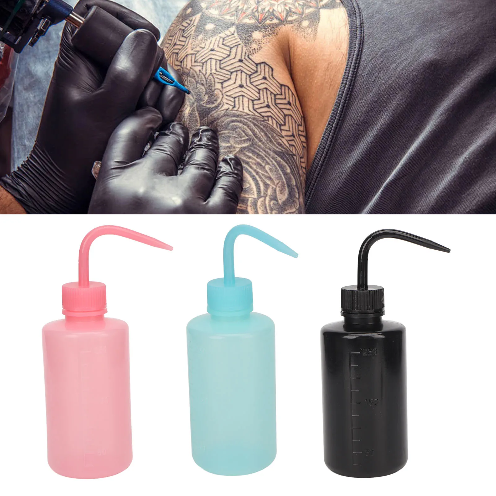 Limpeza Tattoo Squeeze Bottle, Boca estreita para tatuagem, Segurança Wash Bottle, 250ml, 6Pcs