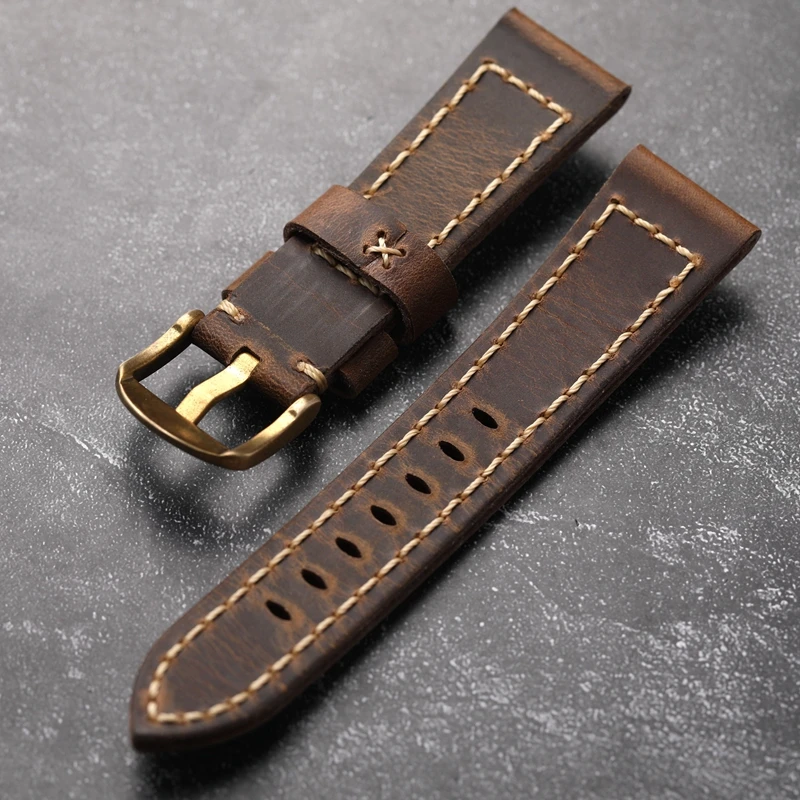 Handmade First Layer Cowhide Leather Watchband 20 21 22 24 26MM Vintage Bronze Men Watch Bracelet Thickened Vintage Style