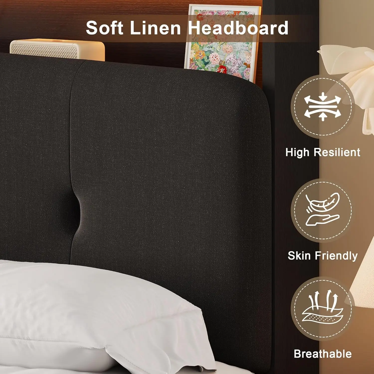 Floating Beds Frame Queen with Charging Station & Led Light, Wooden Queen Platform Bed Frames W/Upholstered Storage, Customized view 5