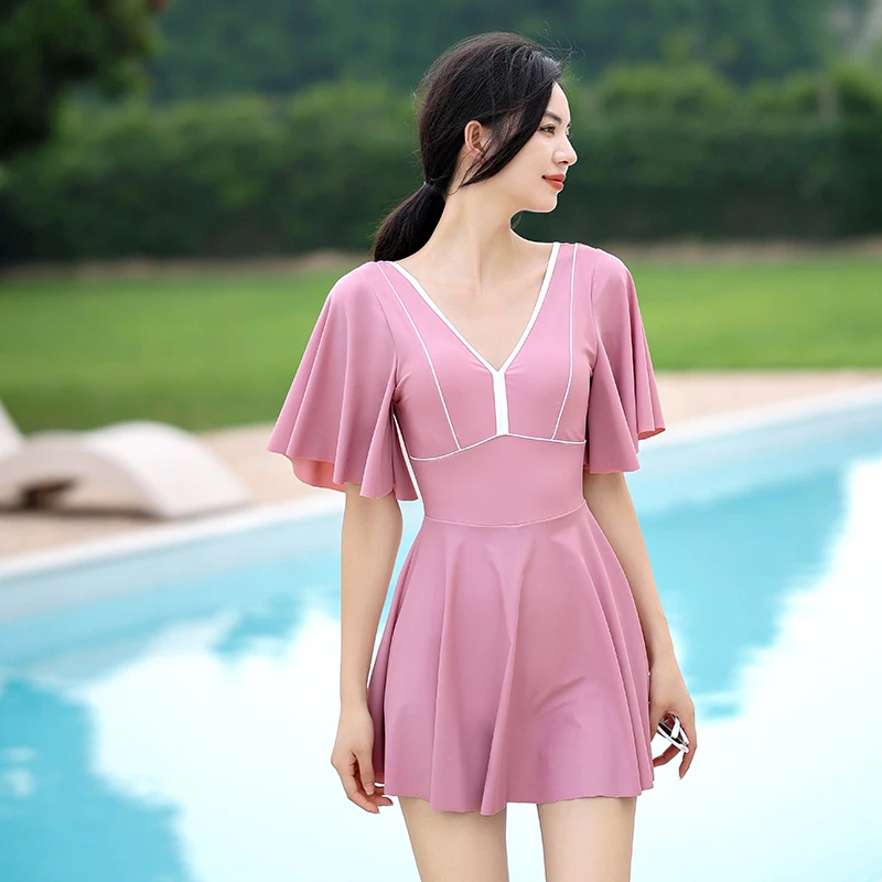 

2024 Swimsuit Plus Size M-3XL Women Swimwear with Boy Shorts One Piece Korean Ladies Short Sleeve Mesh Bathing Suits Swimdress