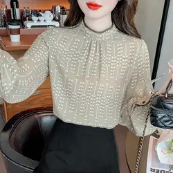 Women's Pullover Stand Collar Patchwork Bottom 2023 Spring and Autumn New Chic Fashion Chiffon Printed Long Sleeved Shirts Tops