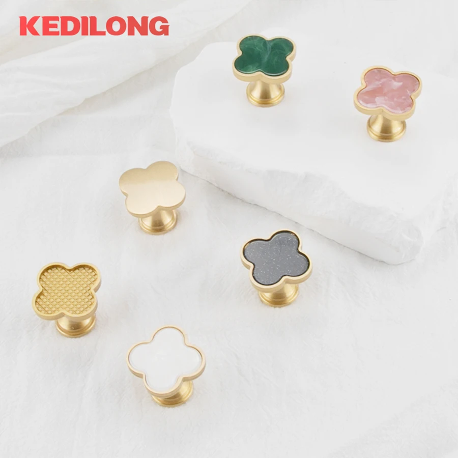 KEDLO Solid brass handle Nordic luxury cabinet drawer hanging clothes hook color creative Four-leaf clover Pull knob