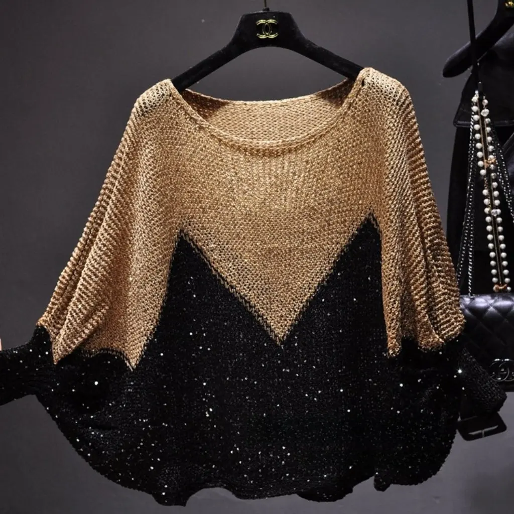 

Women's Sequin Pullover Sweater Loose Cape Bat Shirt Hollow Crewneck Style European Station Autumn Winter New