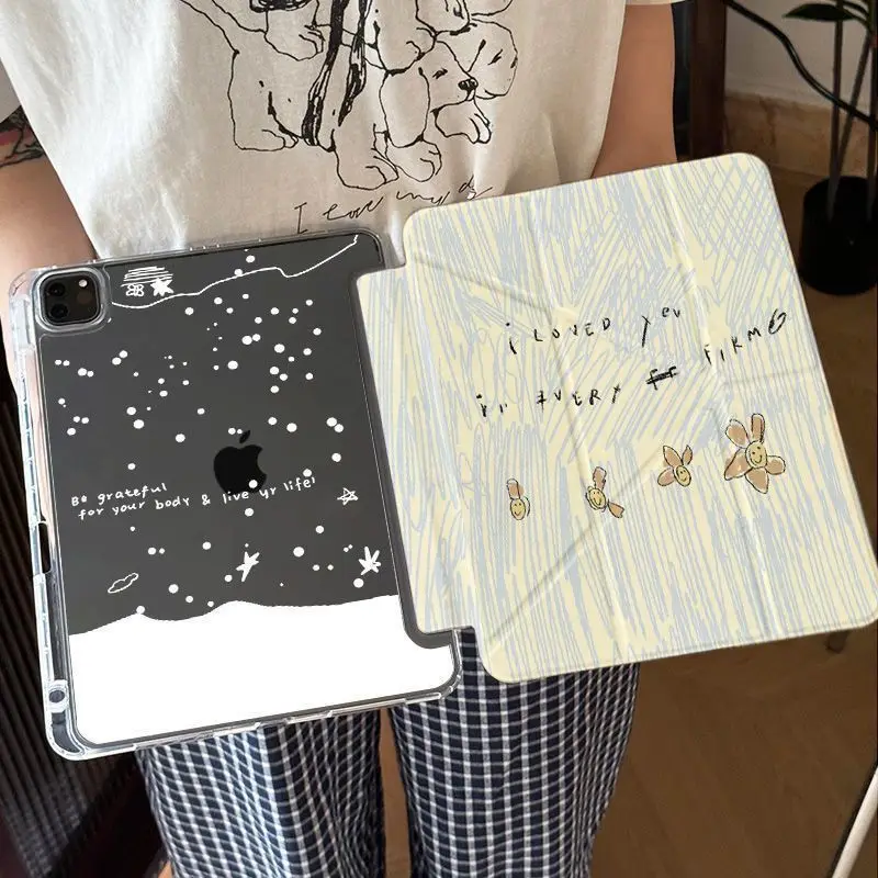 Ins English Cartoon iPad Case For iPad Pro 11 13in 2025 iPad Pro 12.9in Air7 10th 11th M4 M5 Y-Shaped Folding Protective Cover