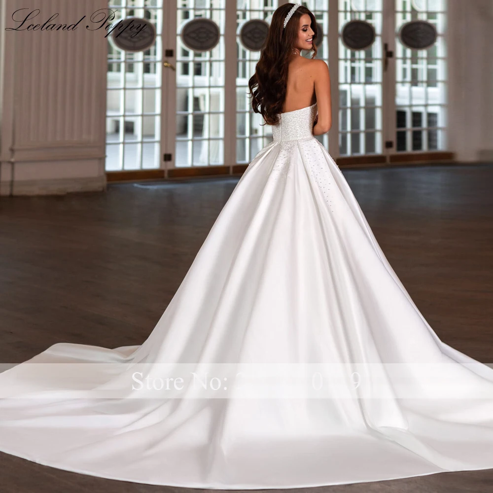 Lceland Poppy Customized A Line Strapless Satin Wedding Dresses Sleeveless Princess Pearls Beaded Bridal Gowns with Court Train