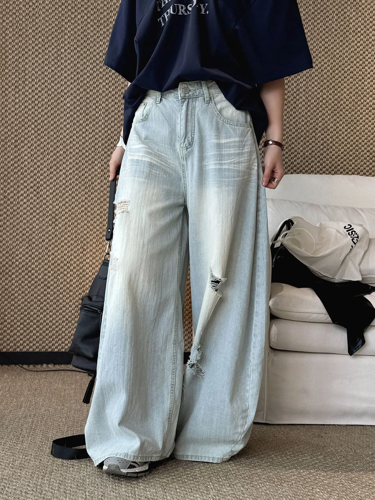 Summer New American Fashionable Cat Beard Water Washed Grinding White Punched Jeans Wide Leg Pants Women