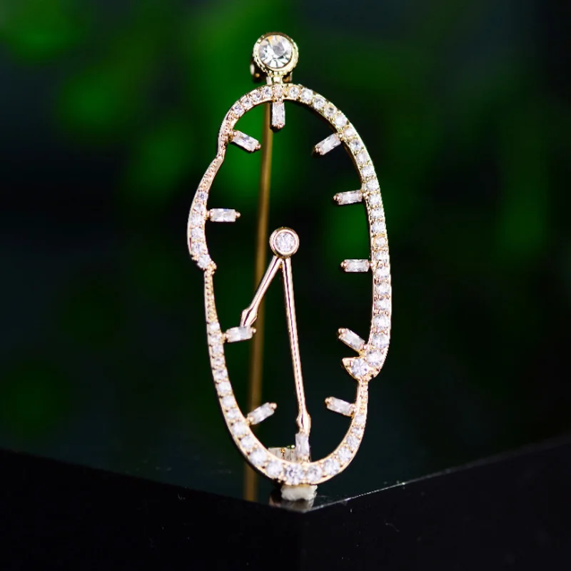 Fashion Titanium Steel Micro-Inlaid AAA Color Zircon Abstract Clock Brooch Luxury Retro Pin