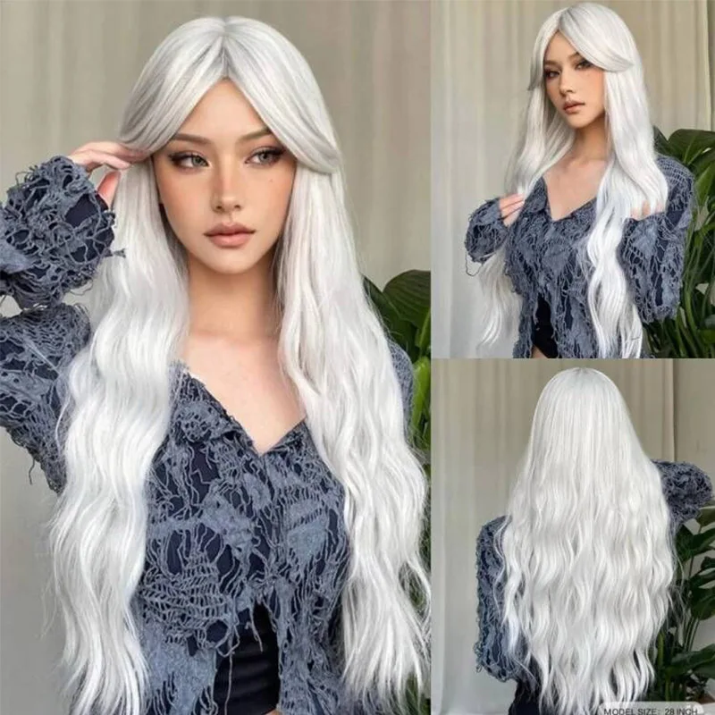 Girls Cosplay White Body Wavy Synthetic Wigs with Bangs for Women Long Lolita Natural Wig Loose Wavy Hairs Heat Resistant Fiber