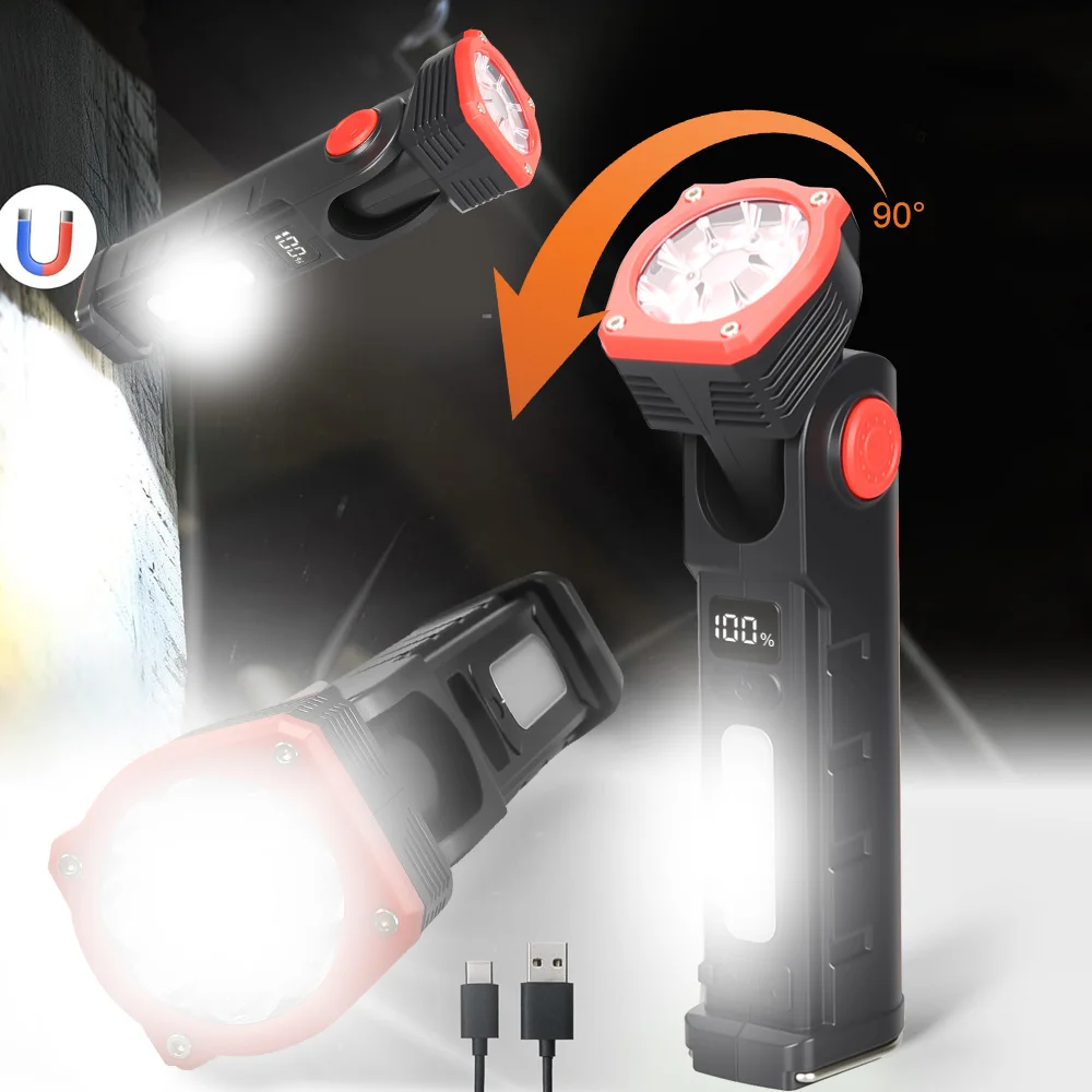 Lanterna led portátil super brilhante, multifuncional, recarregável, luz de trabalho com clipe, tocha magnética para acampamento ao ar livre