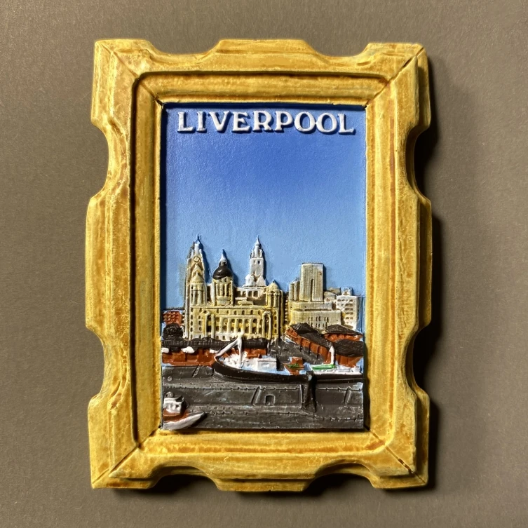 Creative tourism souvenirs for landmark buildings at the University of Liverpool, UK, handcrafted painted magnetic stickers, ref