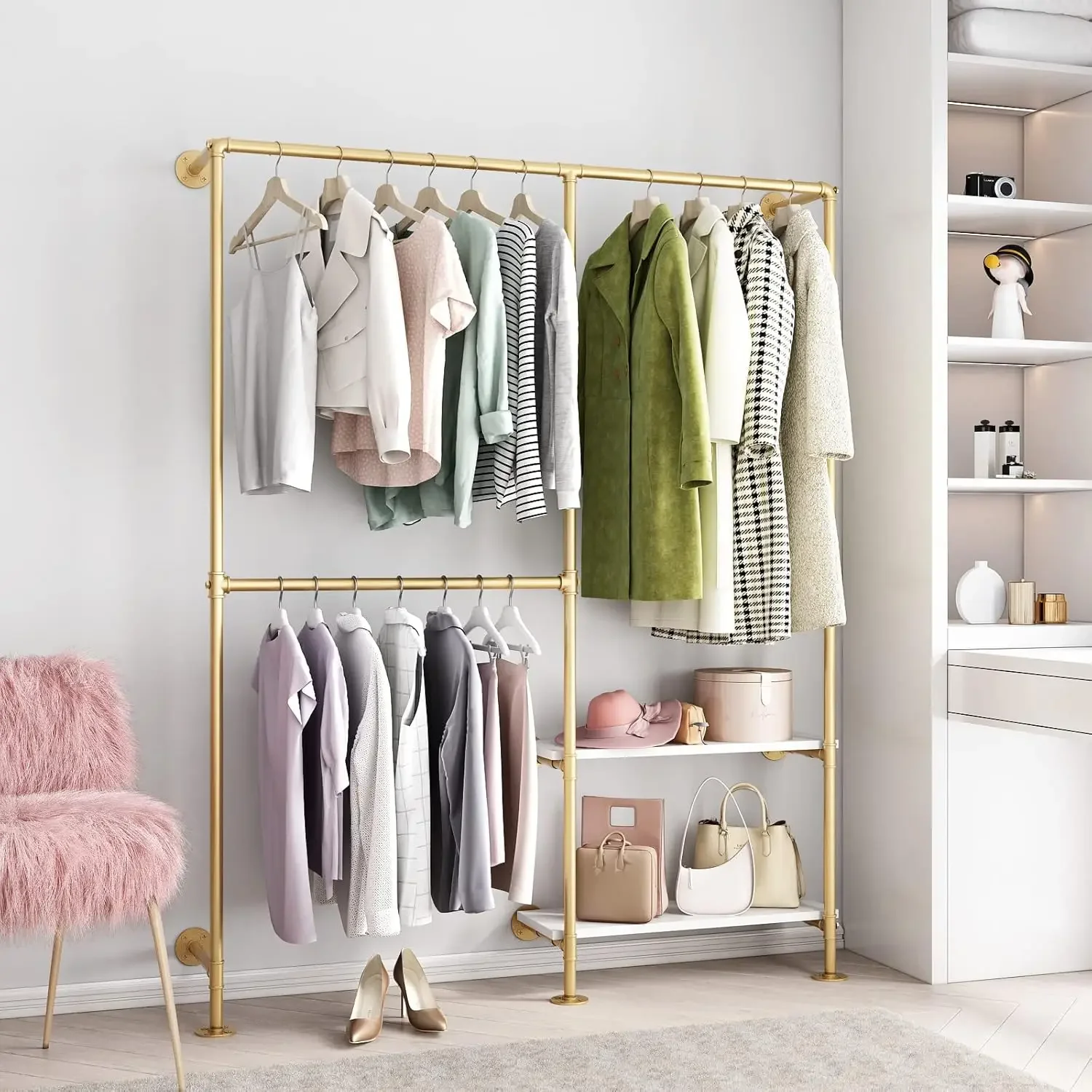 Gold Pipe Clothes Rack White Shelf Double Hanging Rod Wall Mounted Heavy Duty Clothing Storage Closet Bedroom