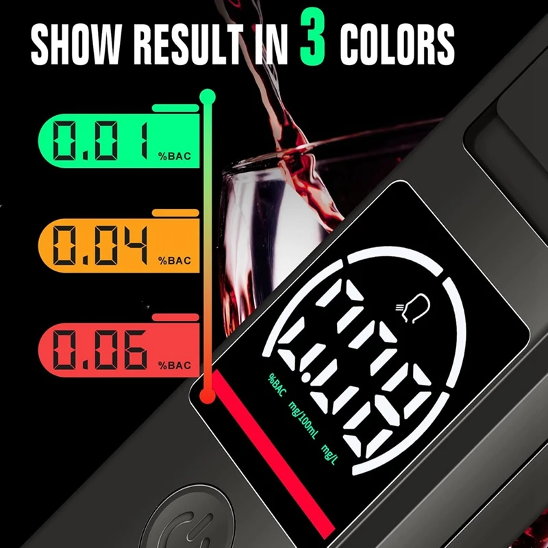 HOT! Breathalyzer, Accuracy Breathalyzers For Alcohol, Portable Alcohol Tester With 3-Color Screen LCD Digital Display