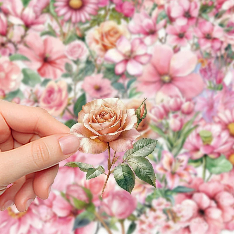 

50 шт. розовых эстетичных наклеек с цветами, прозрачные ПЭТ-стикеры, водонепроницаемые, для гитары, ноутбука, шлема, скейтборда, декор для творчества