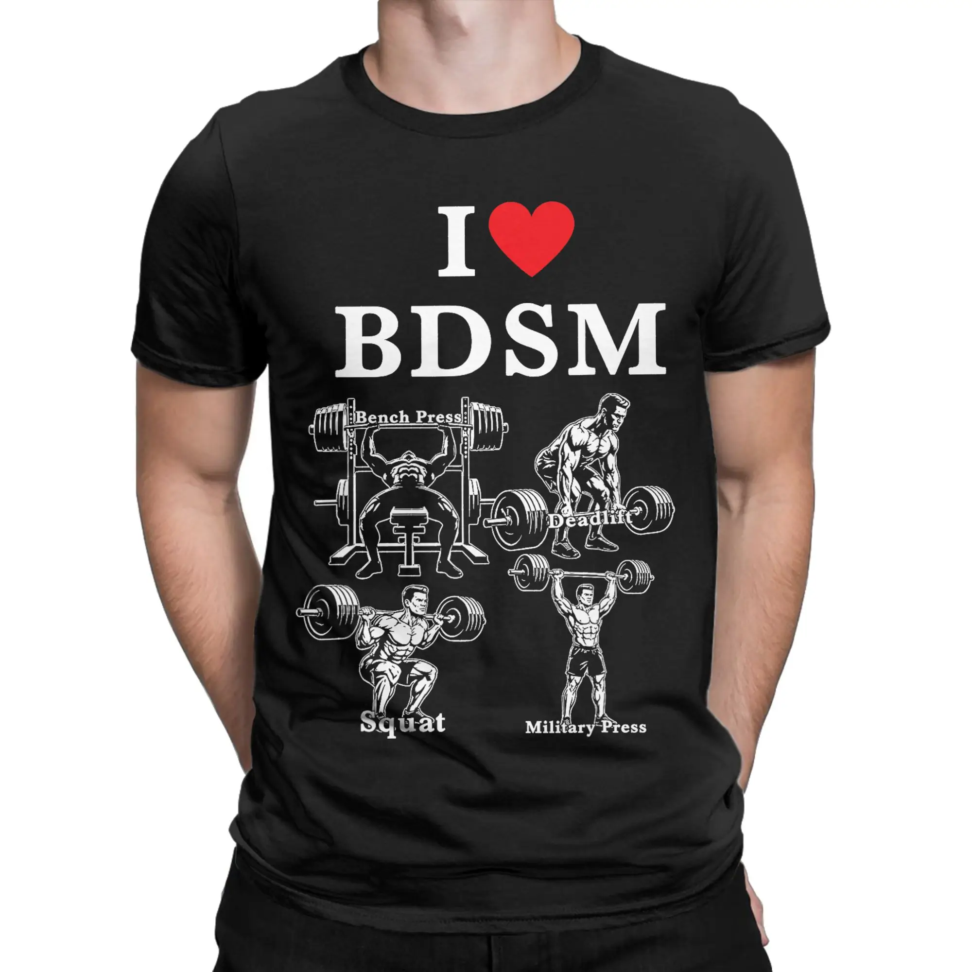 Herren-T-Shirt „I Love BDSM Bench Press Deadlift Squats Military Press“ mit kurzen Ärmeln und Rundhalsausschnitt – Detail 2