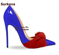 Surkova Royal Blue Patent Leather Velvet Butterfly-Knot Wedding Shoes Red Black Luxury Color Patchwork Bowtie Dress Pumps 12Cm